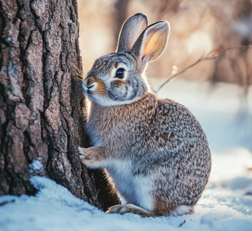 Rabbit in Winter by a Tree