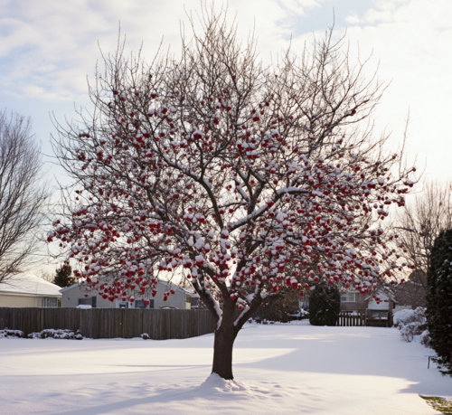 Snow-Covered Crabapple Tree in Winter