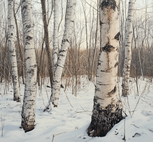 Snow-Covered Birch Grove in Winter