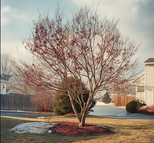 Japanese Maple in a Winter Suburban Yard