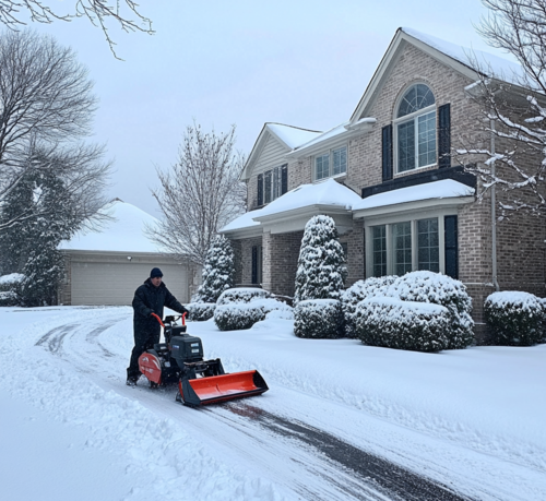 Snow Blower in Action on a Winter Driveway