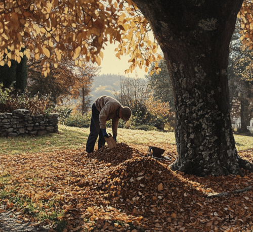 Mulching Leaves Under a Majestic Autumn Tree