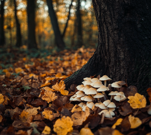 Mushrooms Growing Under a Tree in Autumn