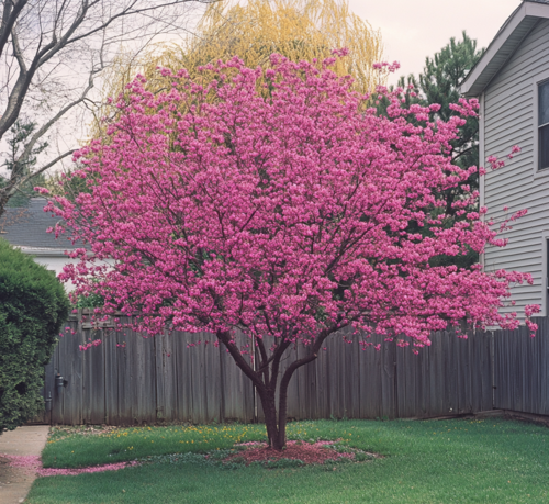 Vibrant Redbud in a Suburban Backyard