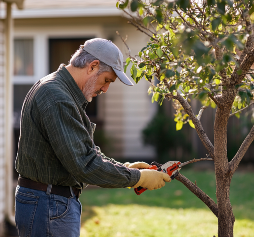 Gardener Pruning a Small Tree