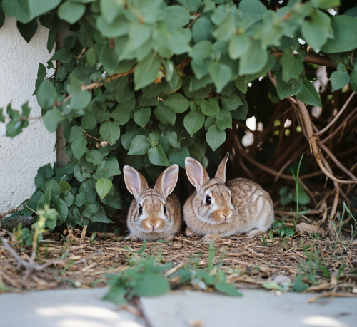 Baby Rabbits Sheltering Under Bushes