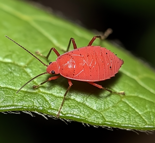 Bright Red Aphid on Green Leaf