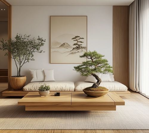 Elegant Bonsai in Minimalist Living Room