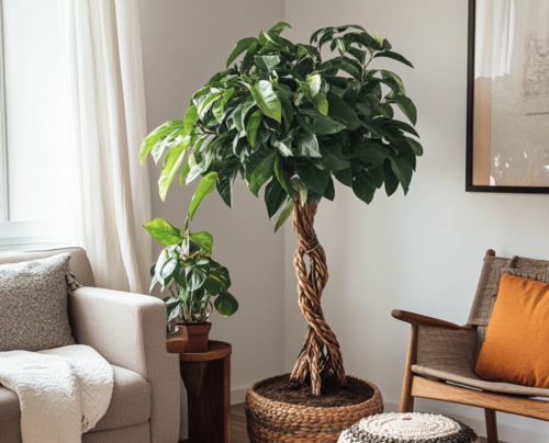 Braided Money Tree in Cozy Living Room