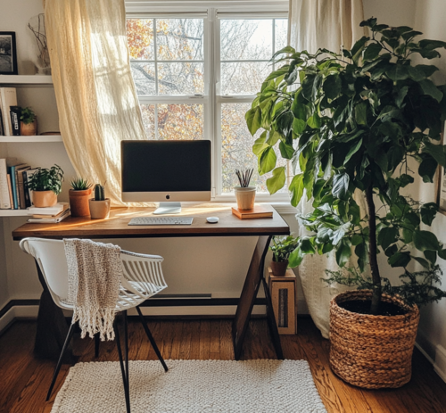 Home Office with Potted Weeping Fig