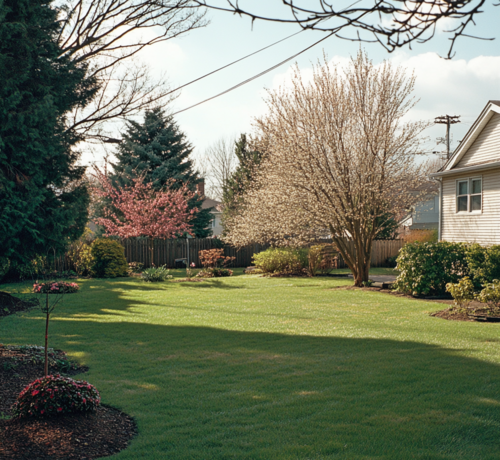 Beautiful Spring Lawn With Flowering Trees"  Alt-Tag: