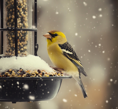 Goldfinch Feeding in Winter Snow