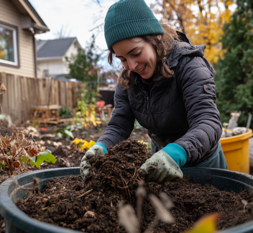 Gardener Mixing Compost for Healthy Soil