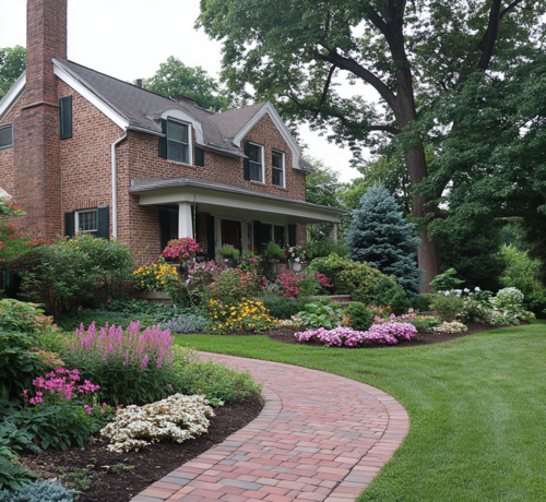 Stunning Front Yard Landscape with Brick Walkway