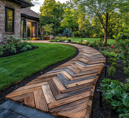 Elegant Reclaimed Wood Walkway in a Lush Landscape