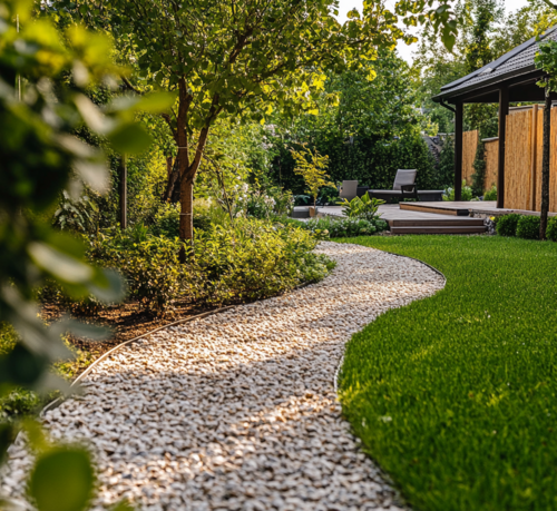 Serene Gravel Pathway Leading to a Relaxing Deck