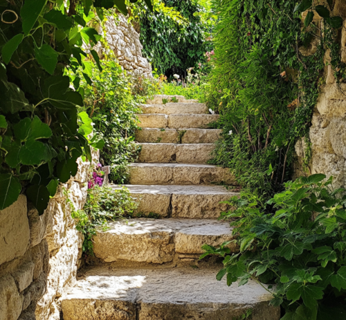 Rustic Stone Stairway with Lush Greenery