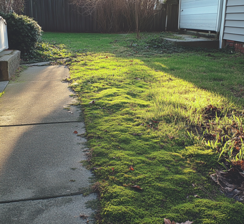 Moss Growing in a Suburban Lawn Near a Walkway