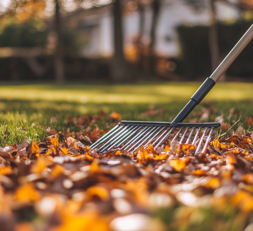 Raking Autumn Leaves in a Backyard