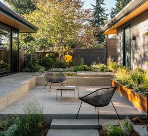 Modern Concrete Patio With Lush Landscaping