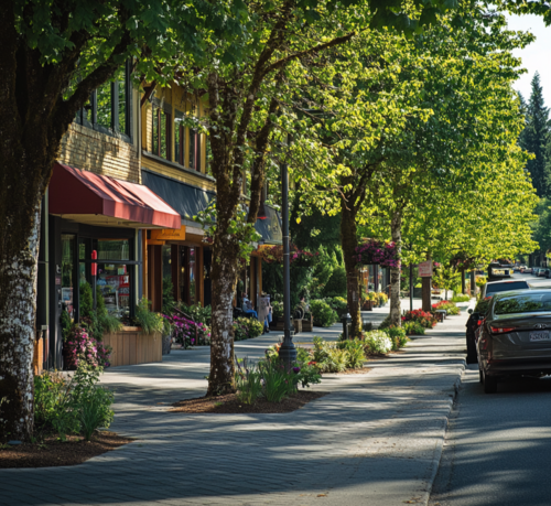 Charming Tree-Lined Street with Shops and Landscaping