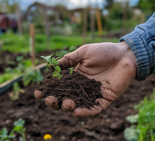 Hand Holding Soil with Young Seedlings