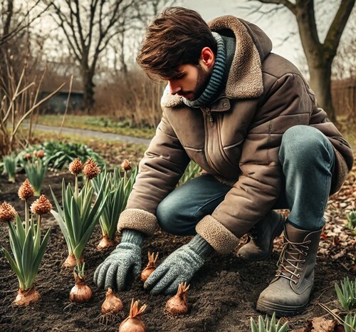 Gardener Planting Bulbs in Early Winter Garden