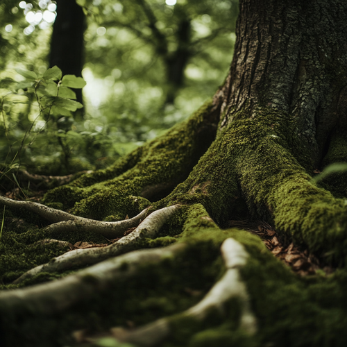 Moss-Covered Tree Roots in a Lush Forest