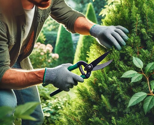 Gardener Shearing an Evergreen Shrub in Garden