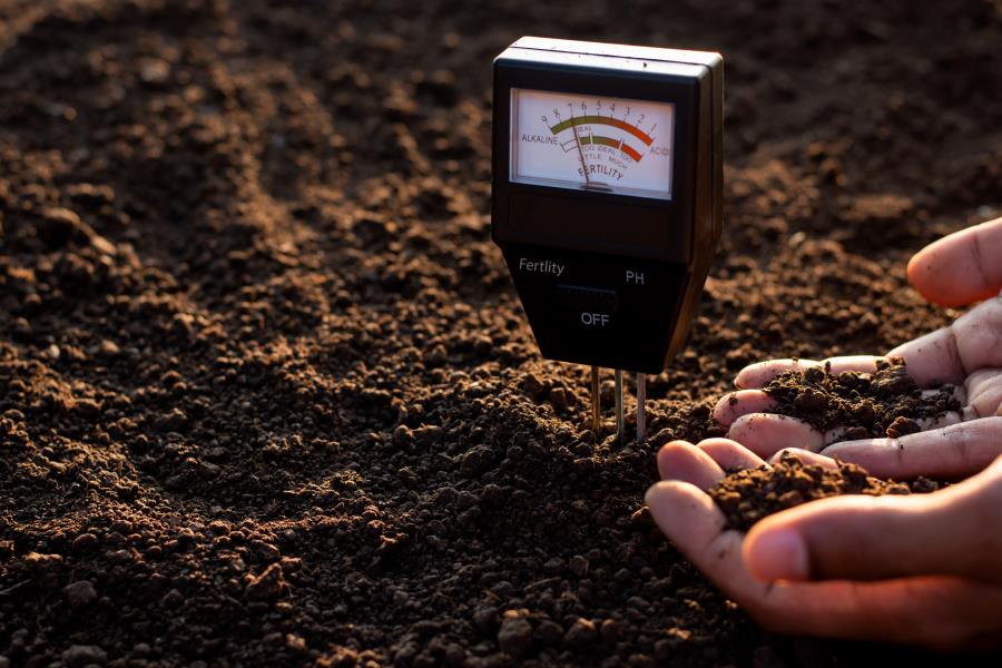 A soil pH and fertility tester in freshly tilled soil with hands holding soil samples.