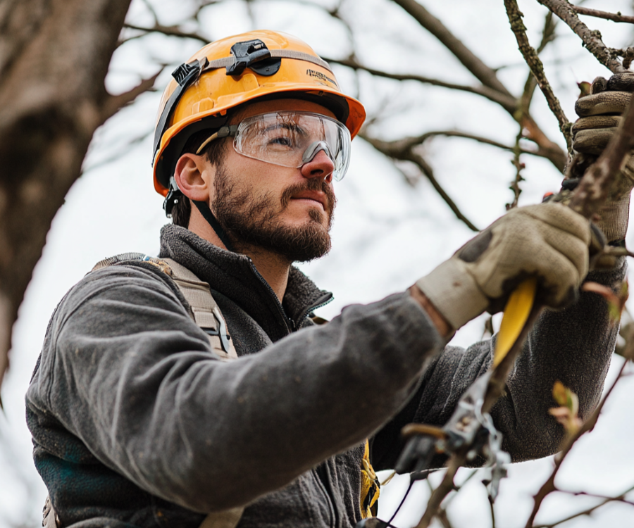 A professional arborist wearing safety gear while pruning tree branches to reduce fire risk.
