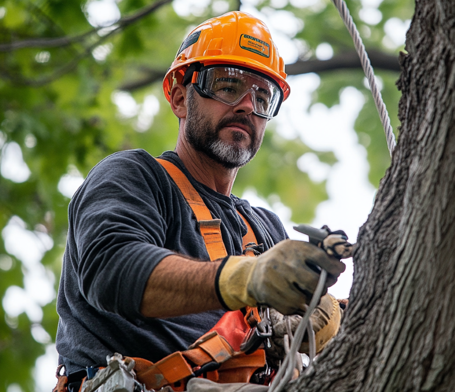 Professional arborist securing a tree with dynamic cabling to enhance stability and prevent limb failure.