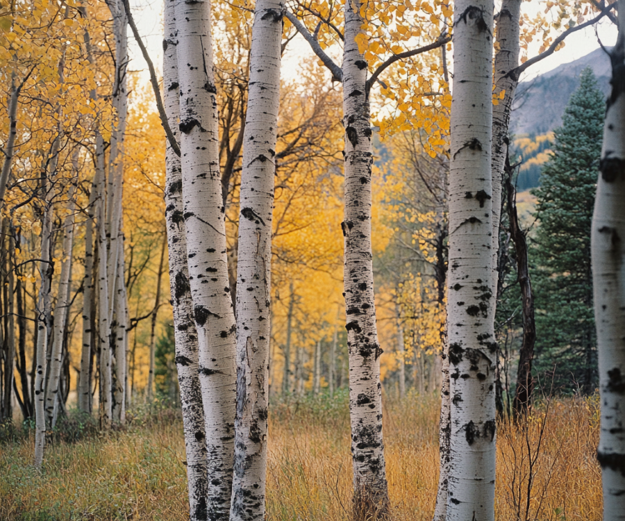 A small grove of Quaking Aspen trees with golden autumn leaves and white bark.