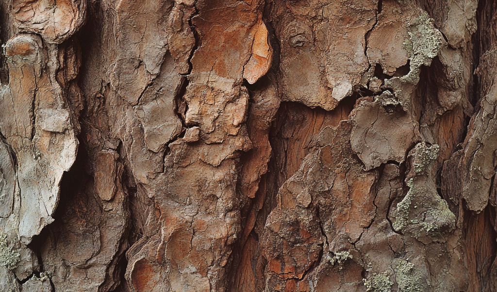 Detailed close-up of Coast Redwood bark with rugged texture and natural lichen growth.