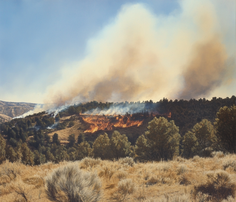 A wildfire burns across a dry hillside, producing thick smoke in an arid landscape.