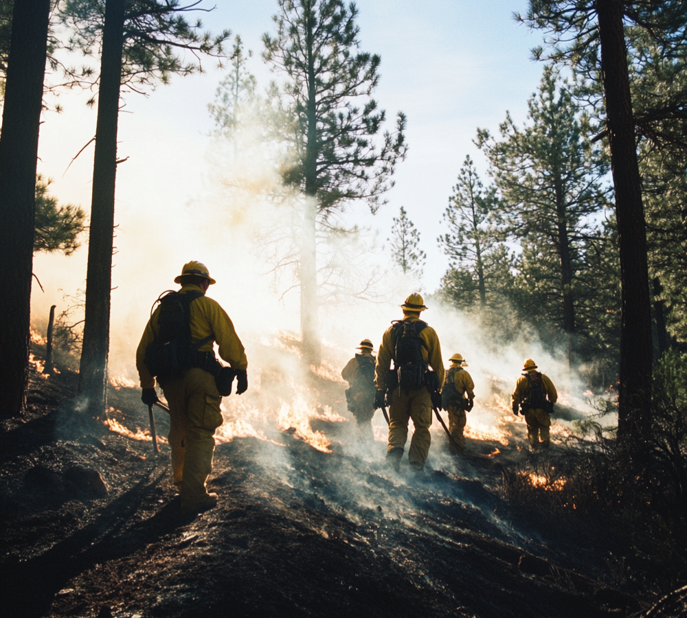 A team of firefighters managing a controlled burn to reduce wildfire risk in a pine forest.