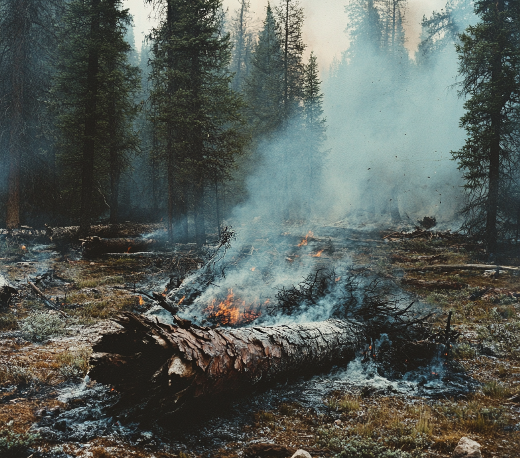 A smoldering fallen tree with smoke rising after a wildfire.