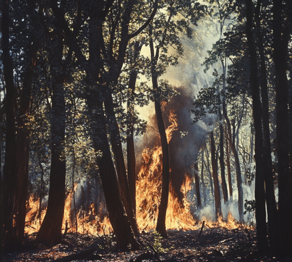 A wildfire burns through a forest, with deciduous trees showing resilience due to higher moisture retention.