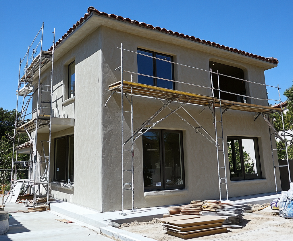 A home under construction with fire-resistant stucco walls and non-combustible materials.