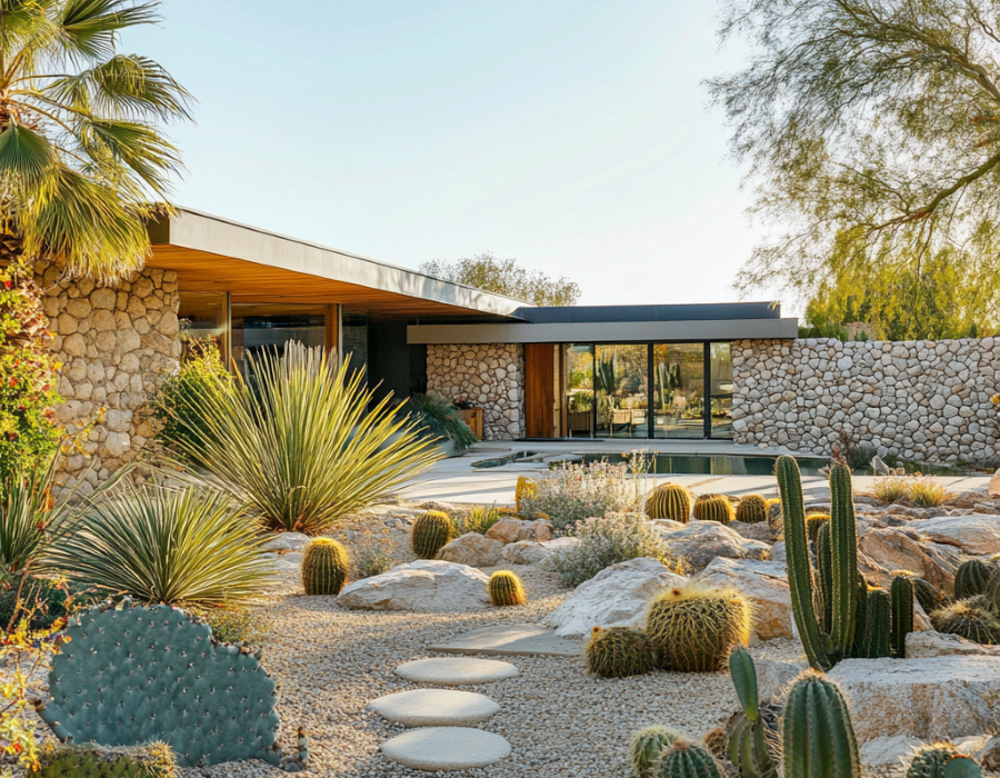 A modern home with fire-resistant desert landscaping featuring cacti, rocks, and drought-tolerant plants.