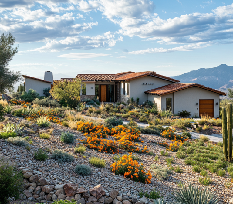 A suburban home with fire-resistant landscaping featuring drought-tolerant plants and gravel.