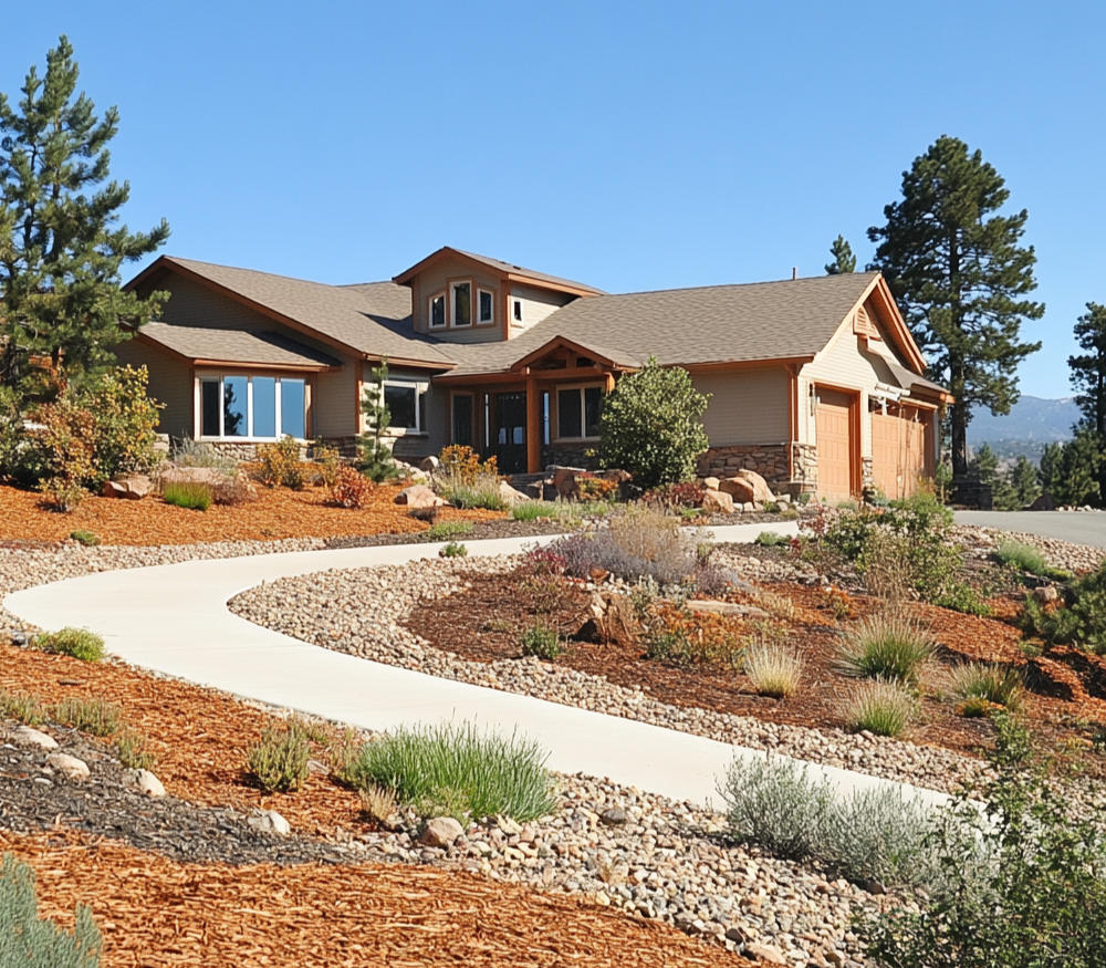 A fire-resistant landscape with gravel, mulch, and drought-tolerant plants surrounding a suburban home.
