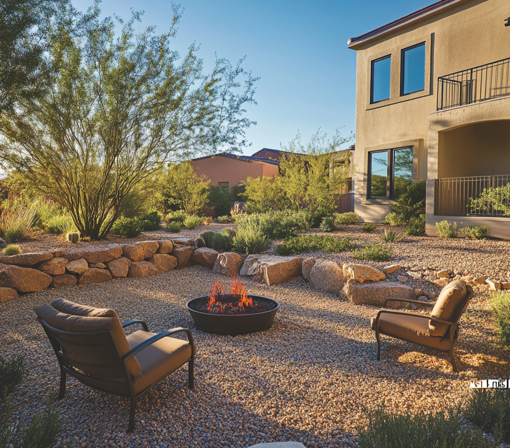 A backyard with fire-resistant landscaping, gravel ground cover, and a fire pit surrounded by drought-tolerant plants.