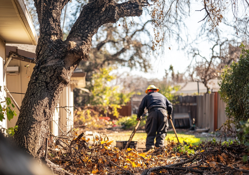 A worker clears dry leaves and debris near a home to reduce wildfire risk.