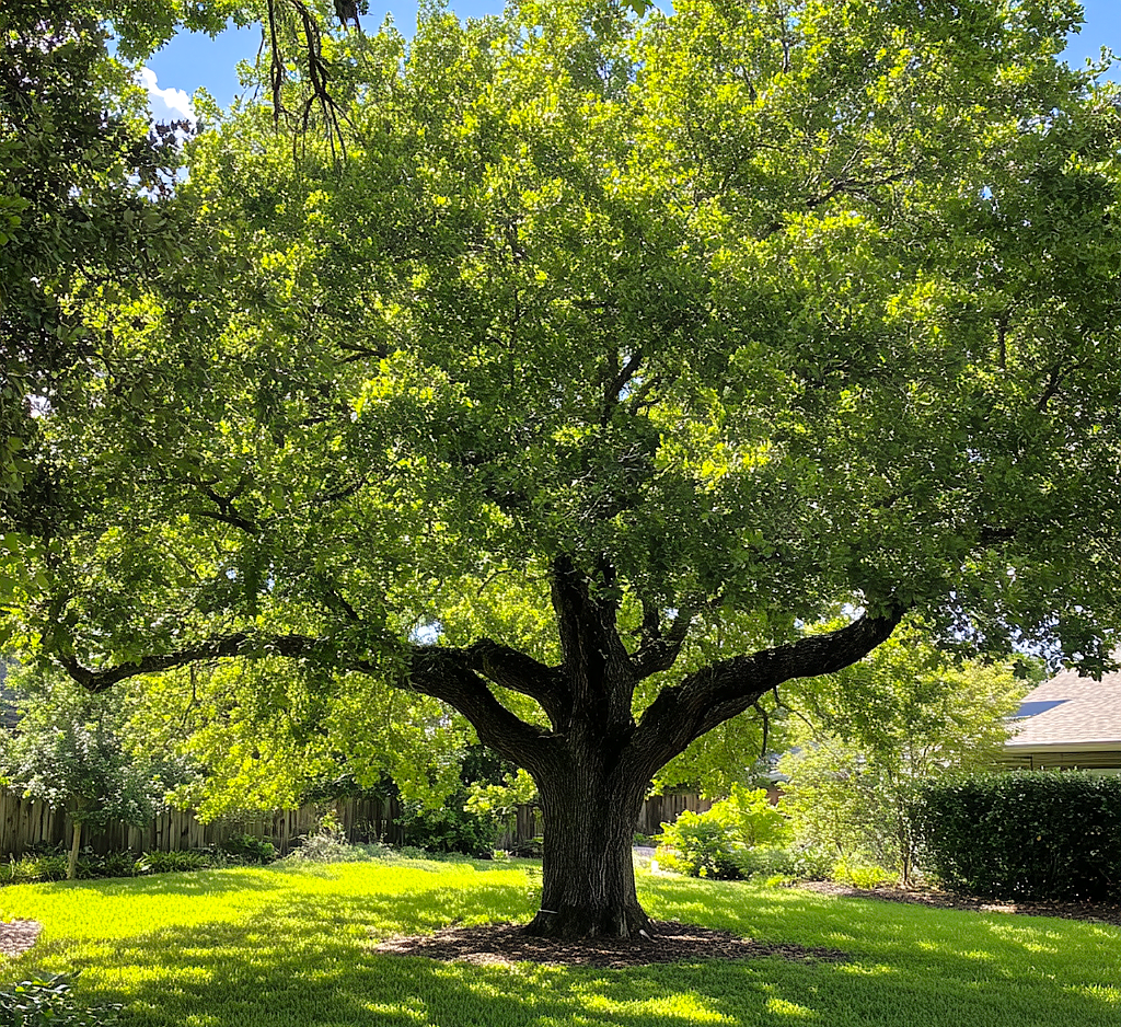 A mature oak tree providing shade in a well-maintained backyard with green grass.