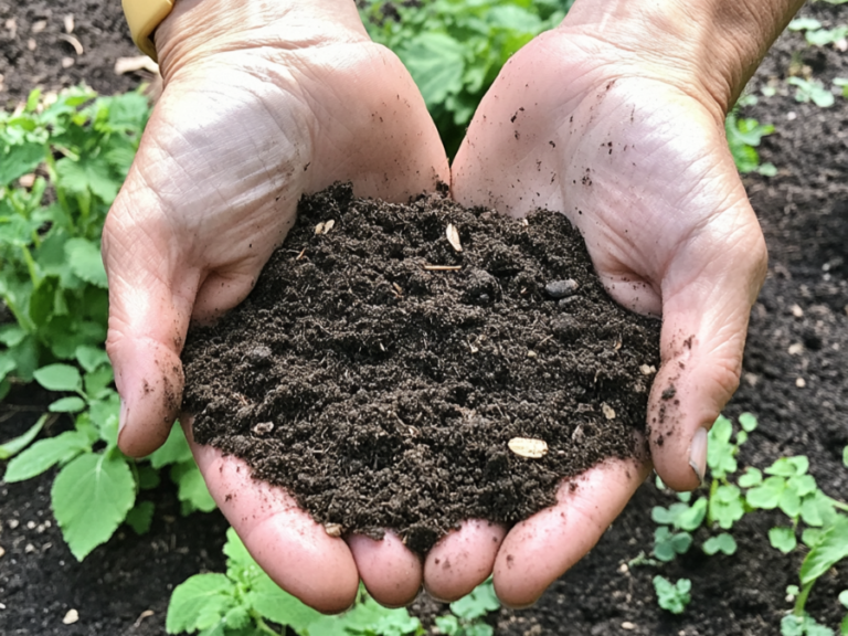 Hands holding nutrient-rich soil with seeds, ready for planting in a garden.