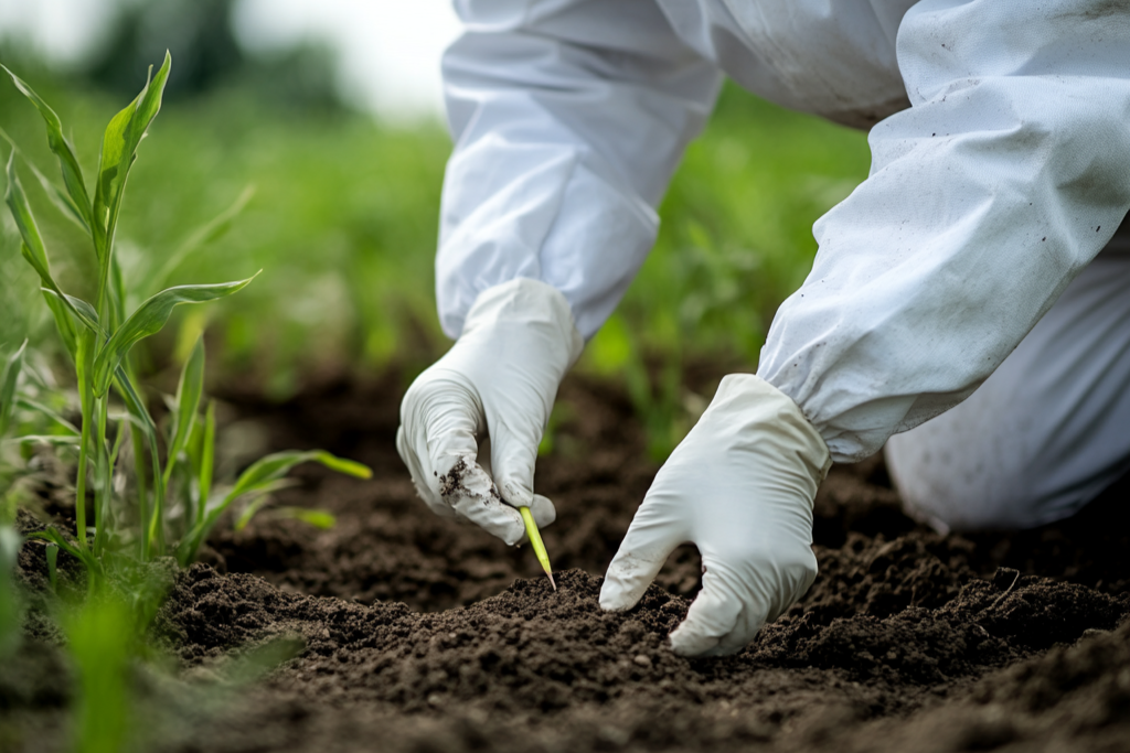 A scientist in protective gear collecting soil samples in a field for agricultural analysis.