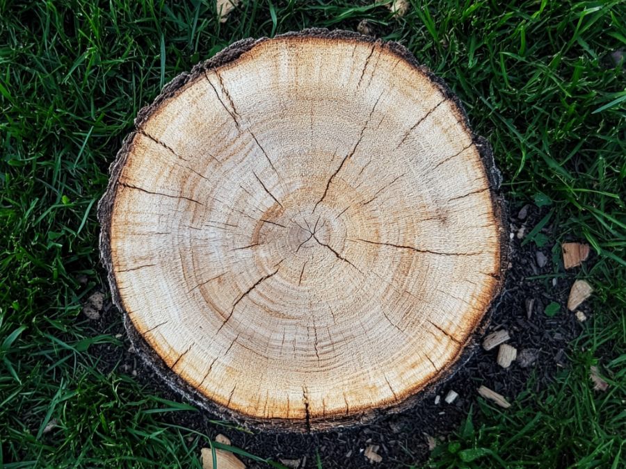 Close-up of a tree stump with visible growth rings, surrounded by grass.