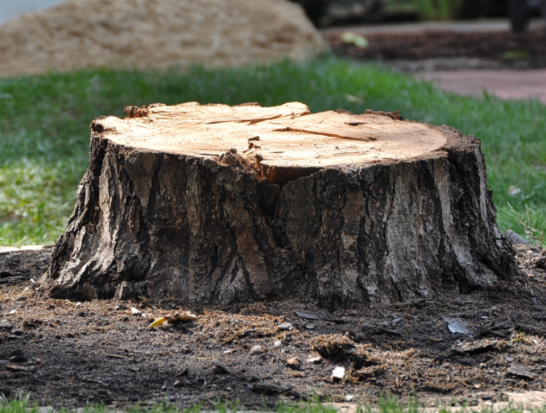 Large tree stump in a yard, ready for stump grinding or repurposing.