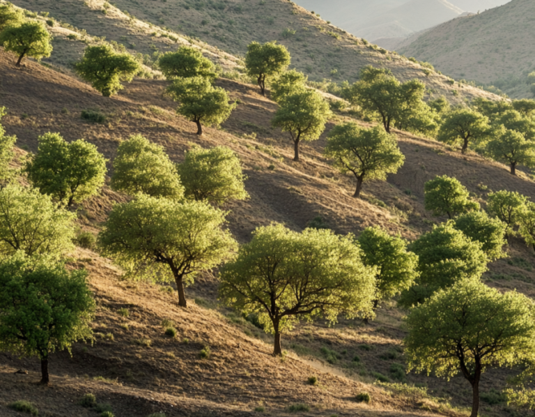 Lush green trees dot a dry, sloping hillside, illuminated by sunlight.